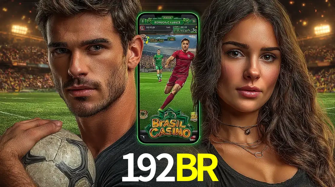 Homem segurando uma bola de futebol e uma mulher ao lado de um smartphone exibindo o jogo de apostas esportivas da 192BR. Faça seu palpite no cassino online.
